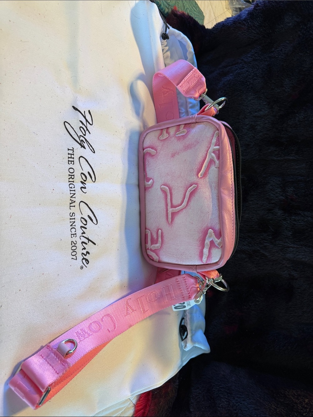 Holy Cow Bum Pack Pink Velvet Mini Crossbody with Embossed Brands